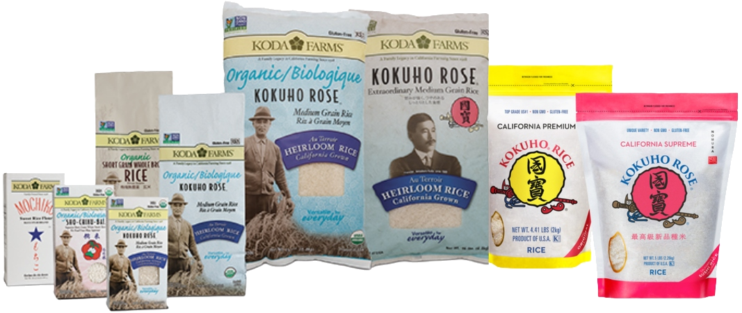 Koda Farms and Kokuho product lineup: heirloom rice, sweet rice flour, and California premium rice