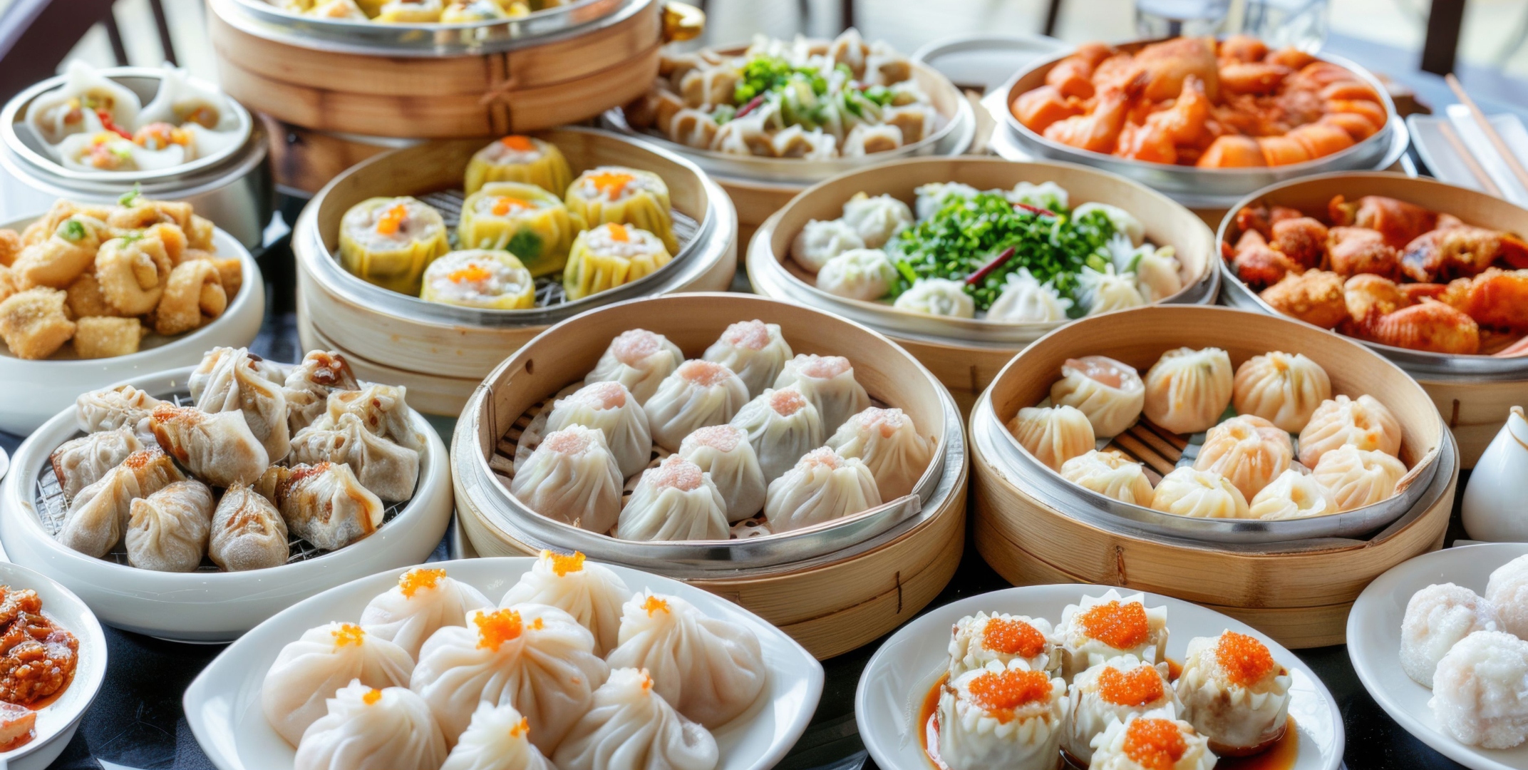 An assortment of dim sum dishes featuring dumplings, buns, and steamed specialties