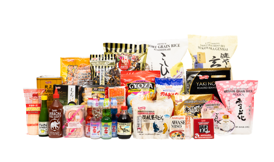 A dense array of competitive Asian pantry products on retail shelves